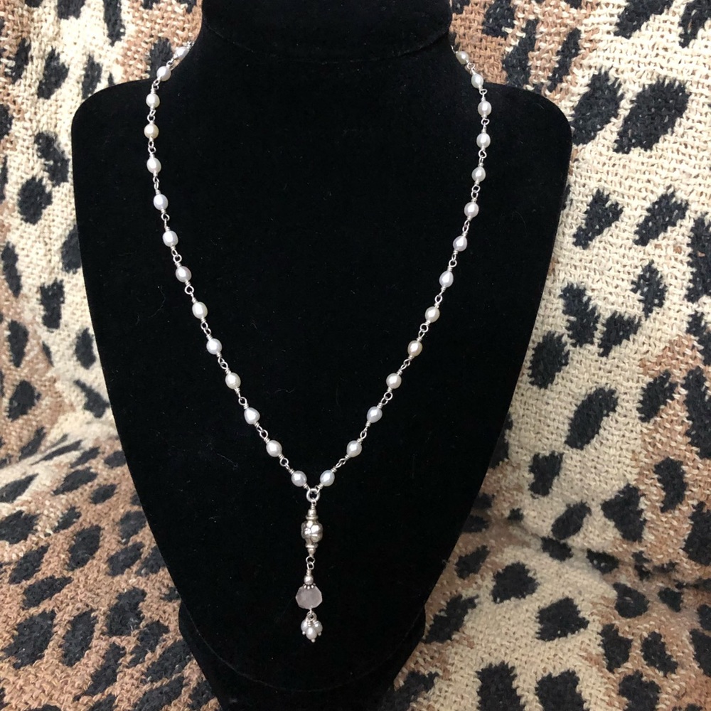 Sterling pearl necklace with rose quartz drop